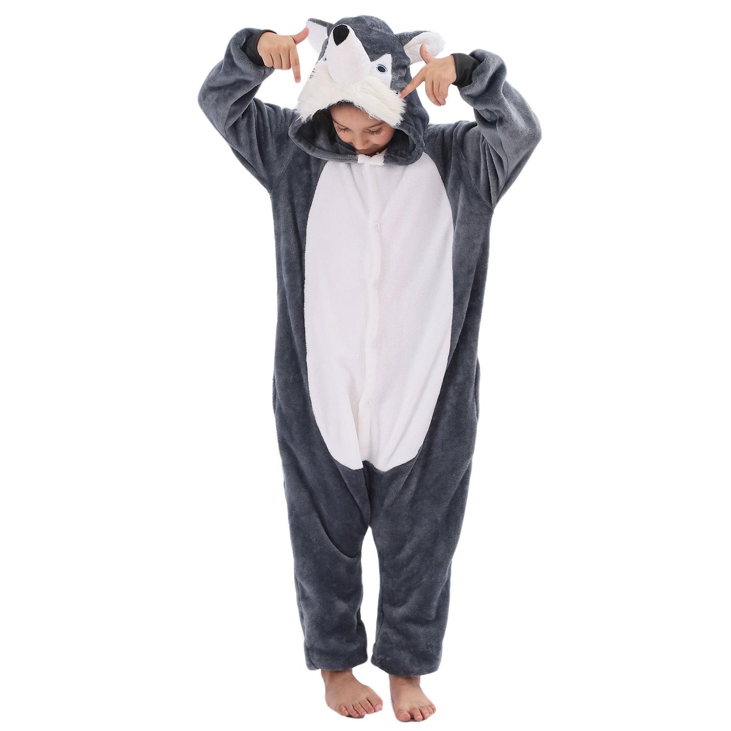 Lobujou Animal Hooded Costume For Kids Boys Girls Flannel Onesie Halloween Cosplay One Piece Husky 130