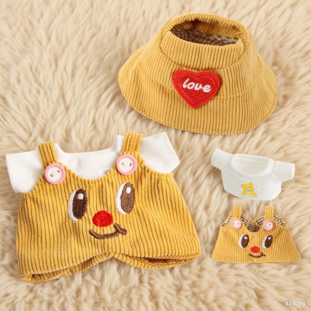 17 cm Doll Clothes  3-Piece Set Stylish Clothes for 17cm Doll  enhanced Outfit with Accessories for Doll- Red Heart Butter Hat & Tshirt & Butter Bear Romper (NO Doll)
