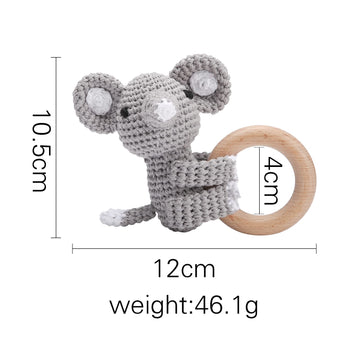 Wooden Teether Crochet Baby Rattle, Crochet Baby Toys, Organic Wooden Newborn Toys, Newborn Animal Rattle Toys,Knitted Stuffed A