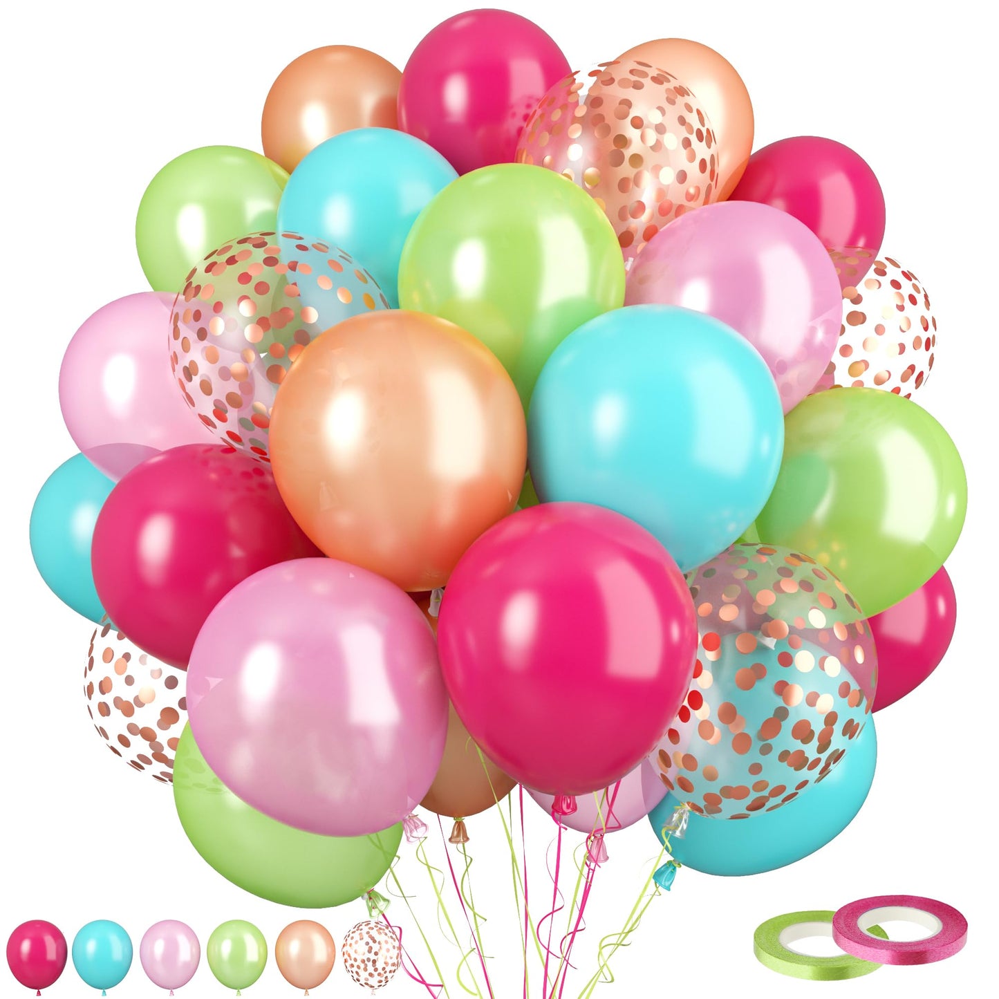 Tropical Party Balloons, 60 Pcs Hawaii Balloons, 12 Inch Hot Pink Teal Blue Latex Balloons Pearl Rose Gold Confetti Balloons For