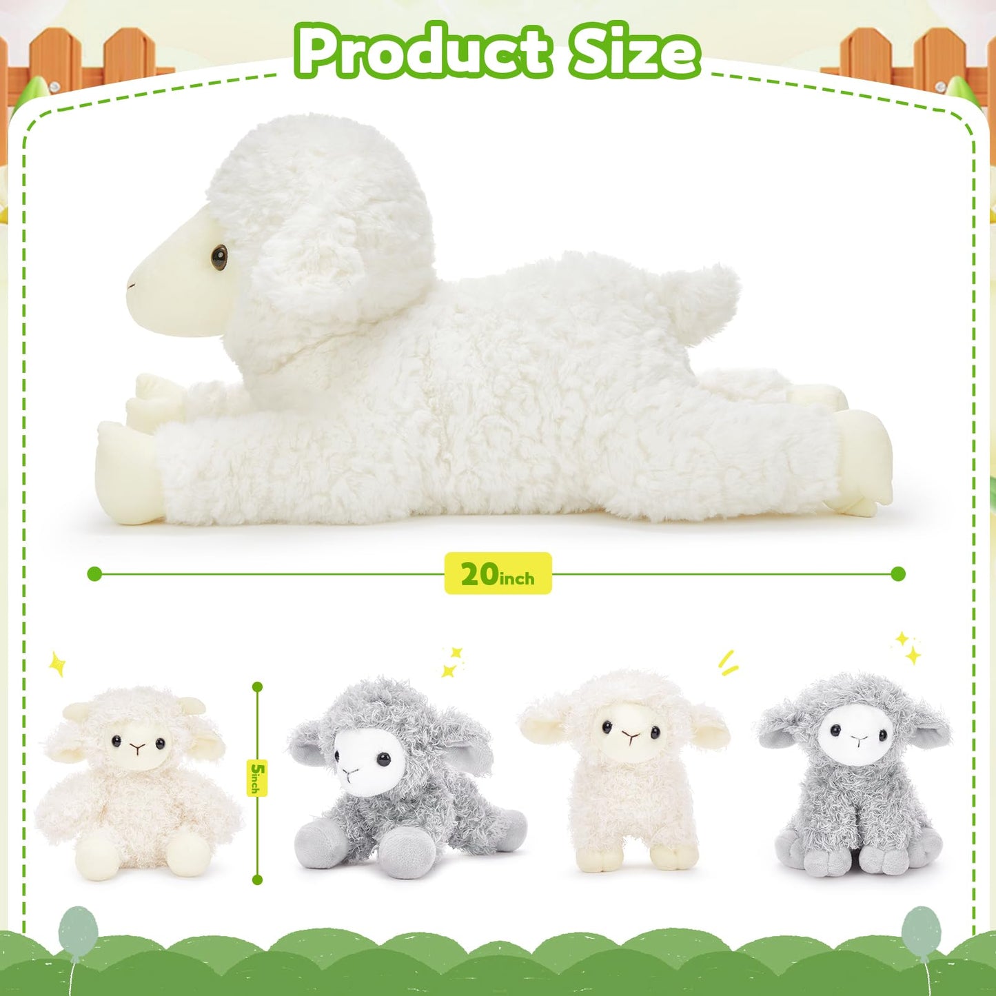 Tezituor 5Pcs Lamb Stuffed Animals Set, 20" White Plush Sheep & 4 Lamb Babies, Realistic Soft Toys for Kids
