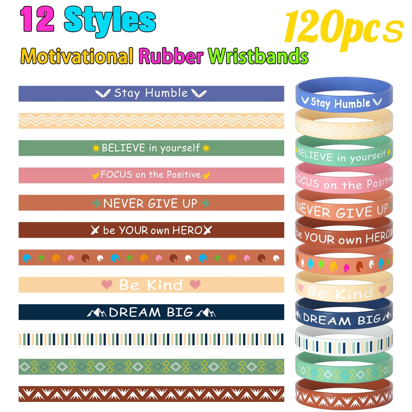 Morcheiong 120 Pieces Motivational Rubber Bracelets Wristbands Inspirational Quote Silicone Bands Unisex Style- 12 Designs