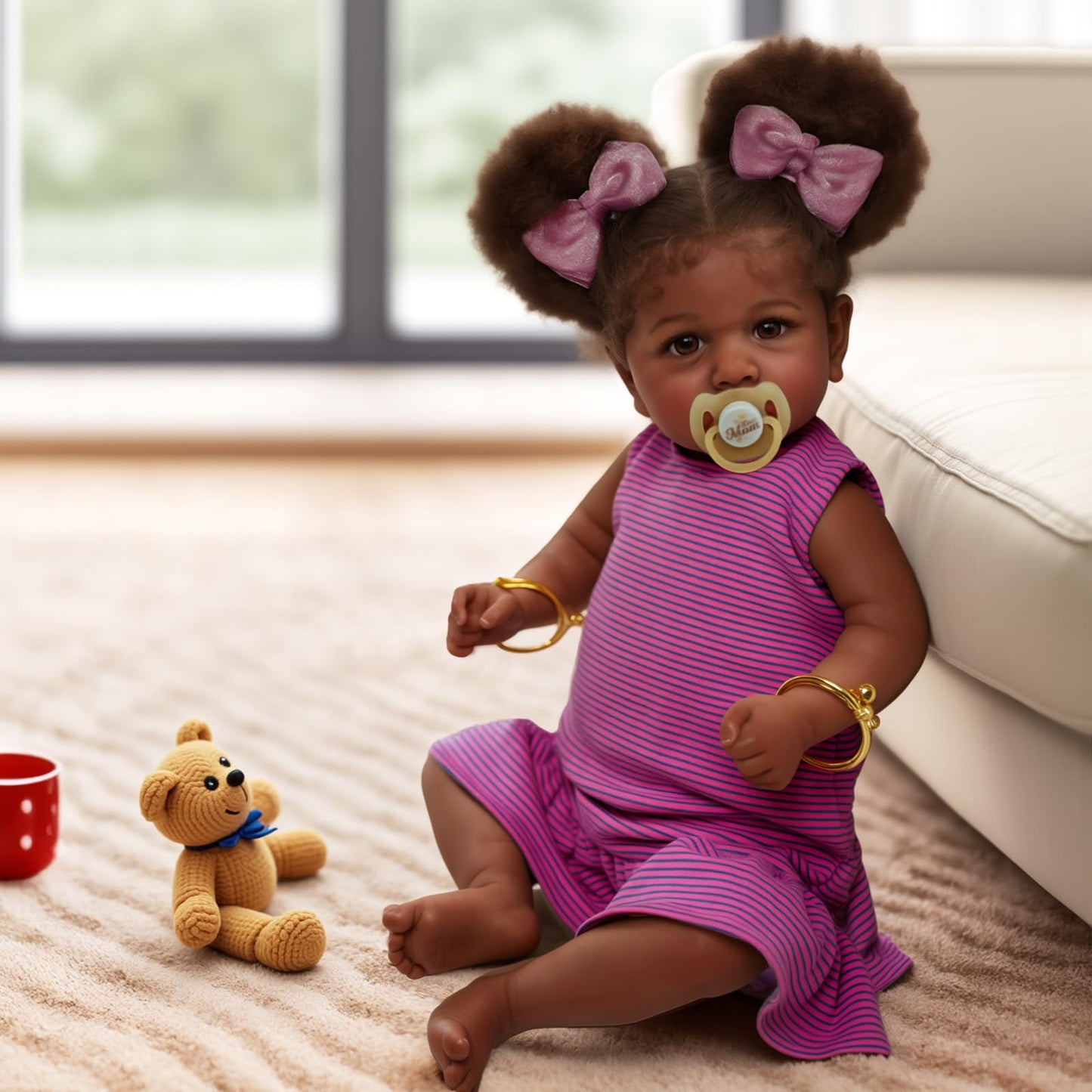 ADFO 22-Inch Reborn Black Baby Doll - Realistic Soft Body, Caramel Skin Tone, Includes Feeding Kit & Toy Accessories for Kids Age 3+