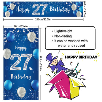 Happy 27Th Birthday Door Cover Porch Banner Sign Set - 27 Years Old Birthday Decoraions Party Supplies For Men - Blue