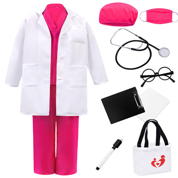 ZZIHAN Kids Rose Doctor Nurse Scrubs Costume Set -Scrubs Top Pants, Lab Coat, Stethoscope, Nursing Clipboards - Toddler Boys Gir