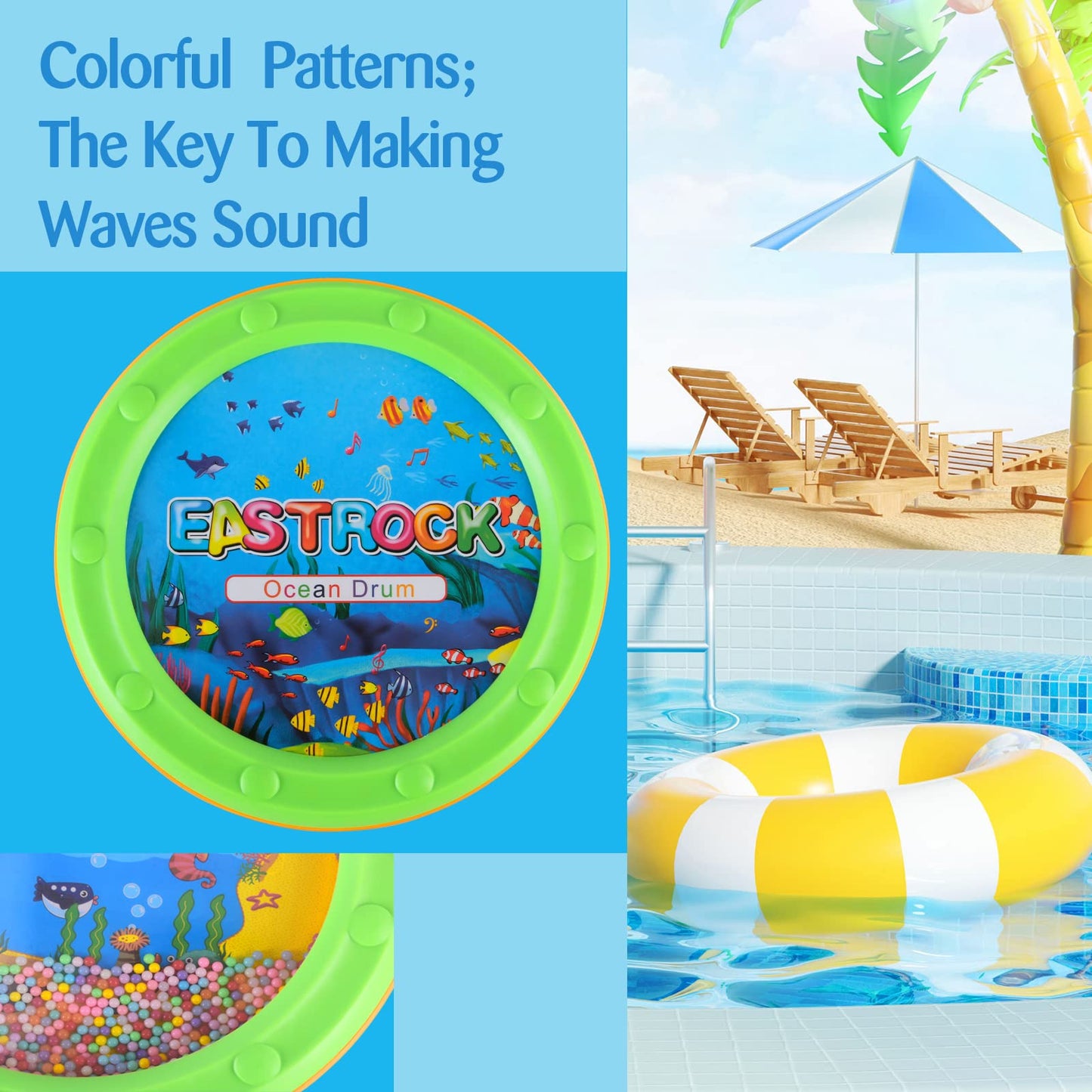 EASTROCK Ocean Drum - 10 Inch Sea Sound Percussion Instrument With Fish Graphic, Wave and Surf Effect (2 PCS)