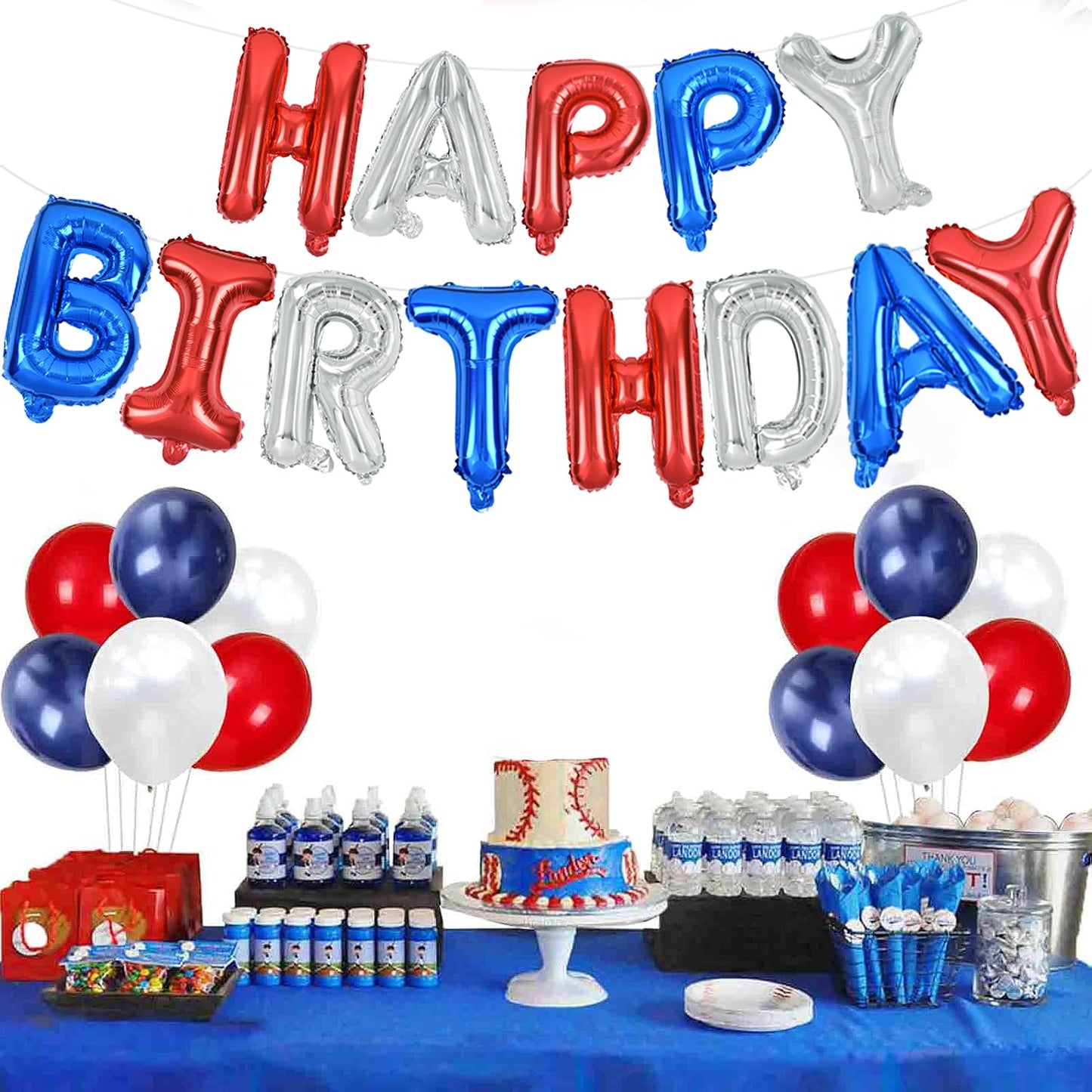 Toniful Happy Birthday Balloons Banner 16 Inch Mylar Letters Birthday Sign Banner Balloon Bunting Reusable For Patriotic Party S