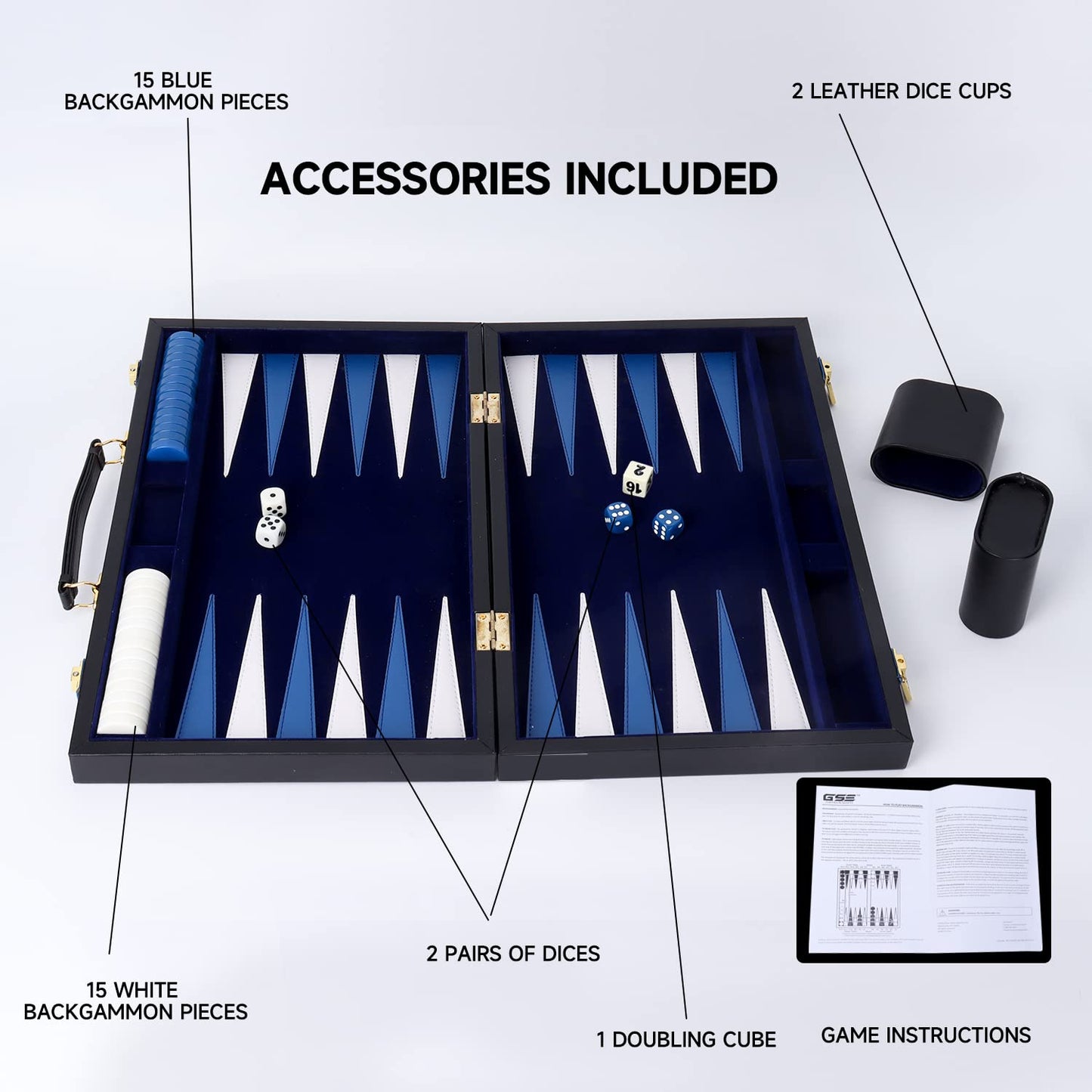 GSE Games & Sports Expert enhanced Leather Backgn Board Game Set  Classic Backgn Game Set with Leather Case  Travel Folding Board Game (Black&Blue  Medium)