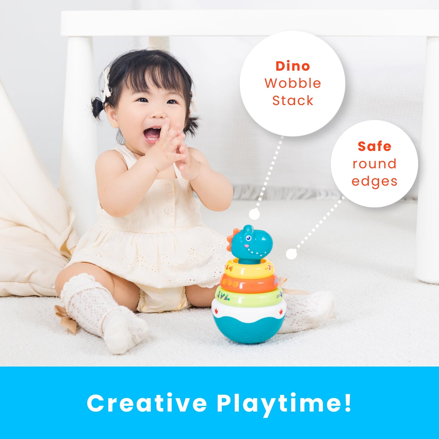 Plenplay Baby Tummy Time Toys - Dino Stacking Toys For Age 6+ Months, Weeble Wobble Toys For Babies 6 9 12 Months, Stacking Ring