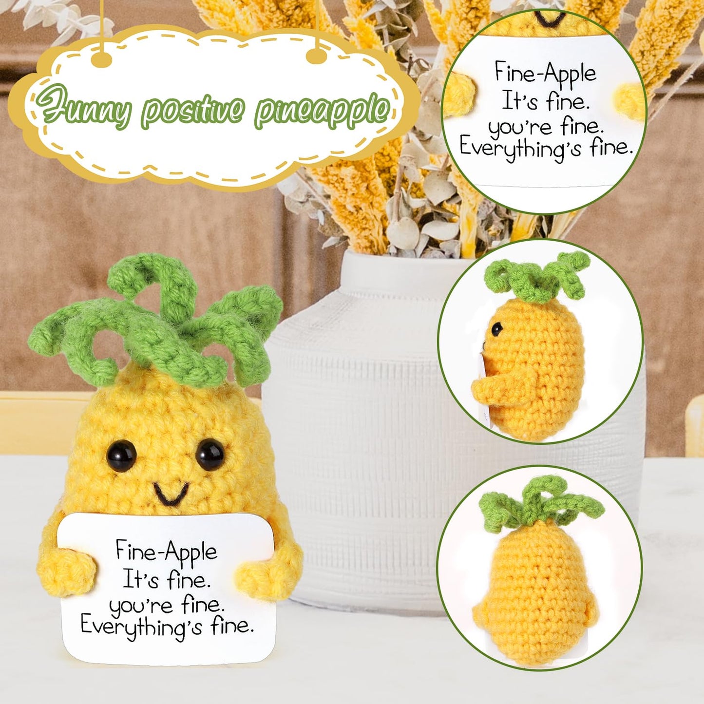 Boxob Funny Positive Pineapple, 3.15 Inch Cute Positive Knitted Pineapple Potato Toy With Encouraging Card Creative Crochet Pineapple Doll For Festival Party Decoration Encouragement Gift