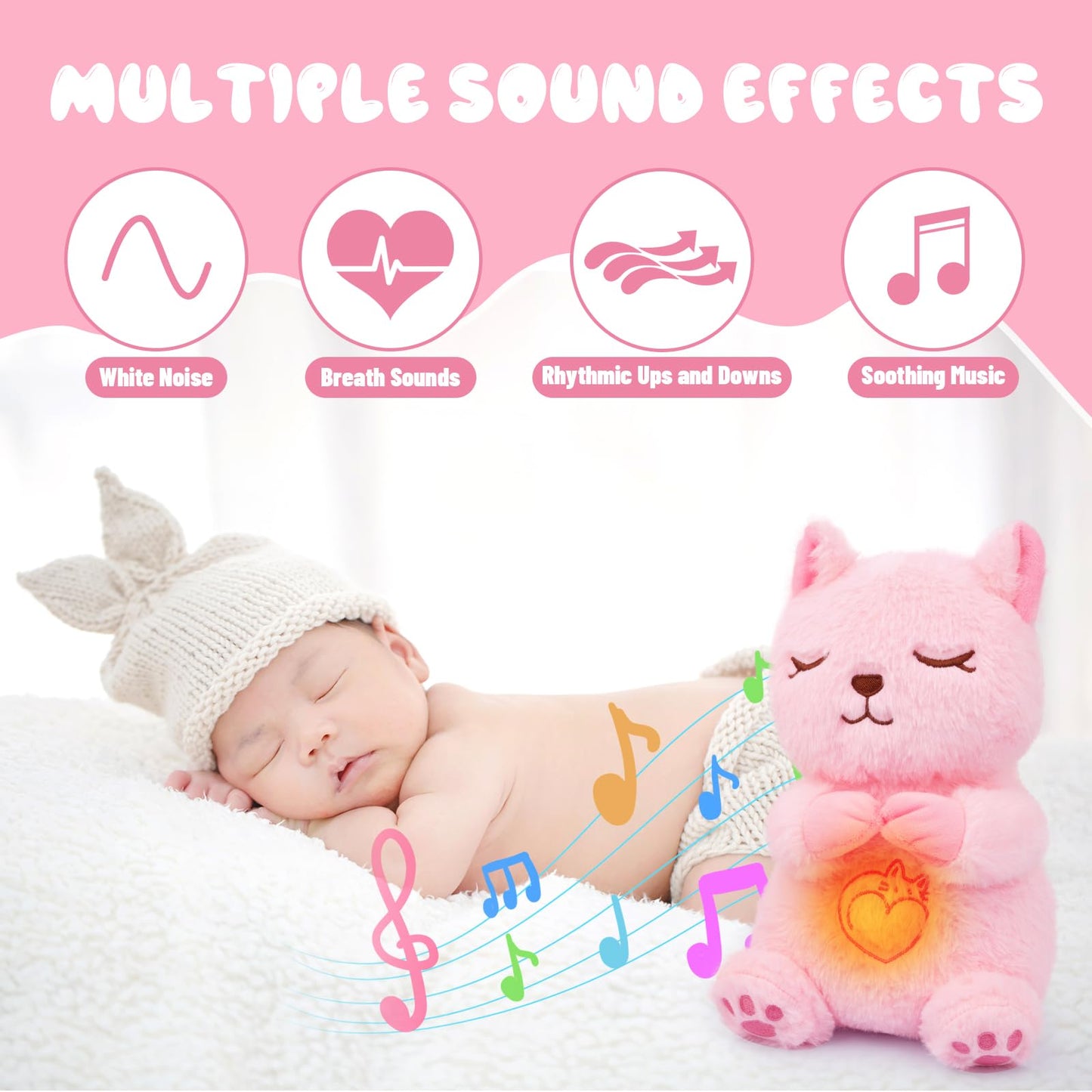 Prewplam Breathing Stuffed Animal, Pink Cat Plush Baby Toy, Soothing Sound Machine With Music Lights & Breathing Motion For Anxi