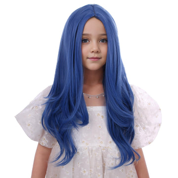 DUDUWIG Kids Dark Blue Wig Girls Long Blue Middle Part Wig Child Dark Blue Wavy Curly Wig Heat Resistant Synthetic Wig with Wig