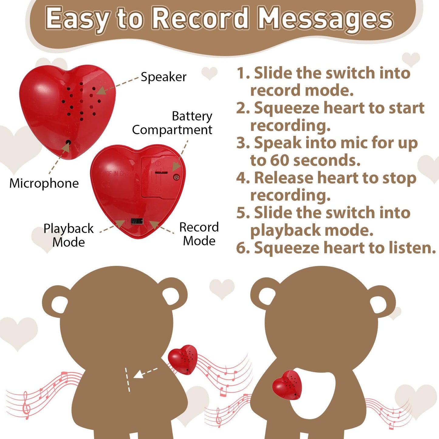 2 Pcs Bear Stuffed Animals With Voice Recorder Set, 60 Seconds Voice Sound Recorder Module 16 Inch Soft Plush Bear Cute Stuffed
