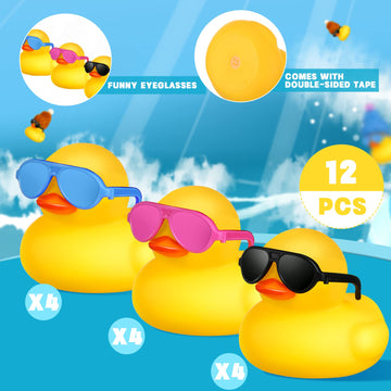 Chivao 12 Pcs Rubber Ducks With 12 Sunglasses/ Hats/ Headwear/ Scarf Small Cruise Ducks In Bulk Mini Rubber Duckies Bathtub Toys For Valentine'S Day Gift Hide(Yellow, Duck With Colored Glasses)