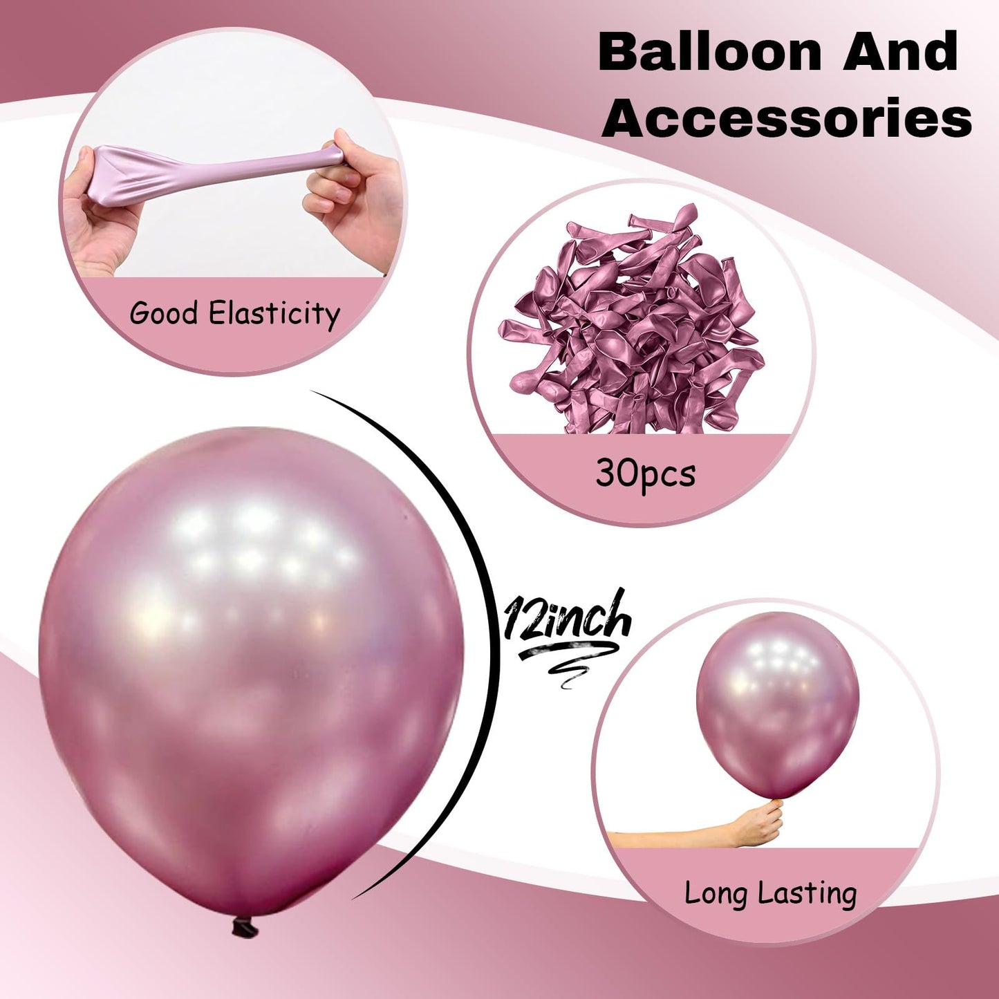 Jobkoo Metallic Pink Balloons, 12Inch Chrome Light Pink Balloons 30Pcs Light Purple Metallic Party Balloons Shiny Baby Pink Chro