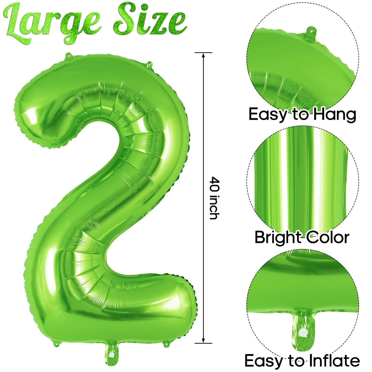 Green Number 2 Balloon 40 Inch, Big Large Foil Helium Number Balloons, Jumbo Giant Mylar Number 2 Balloons For 2 Second Birthday