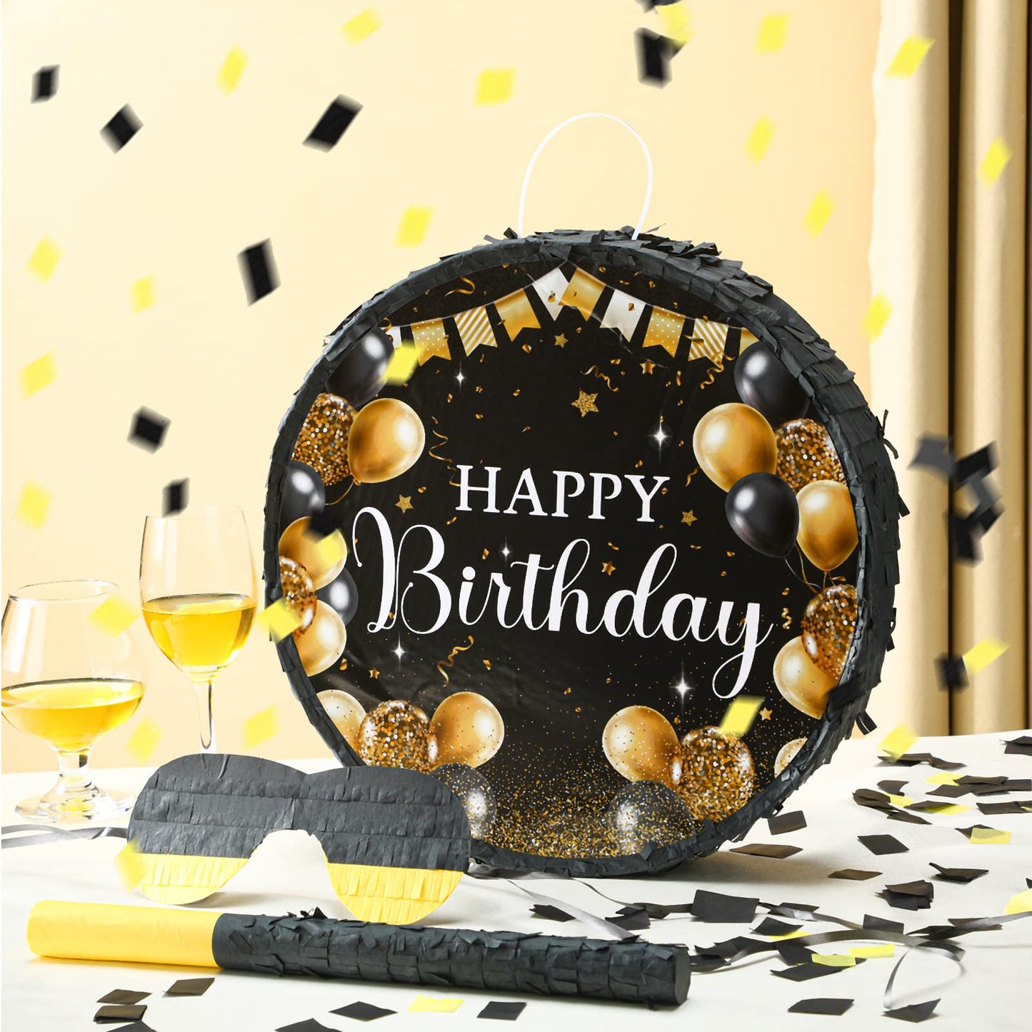 Sinmoe Birthday Piata with Stick Blindfold and Confetti for Boys Girls Men Women Birthday Party Supplies(Black and Gold)