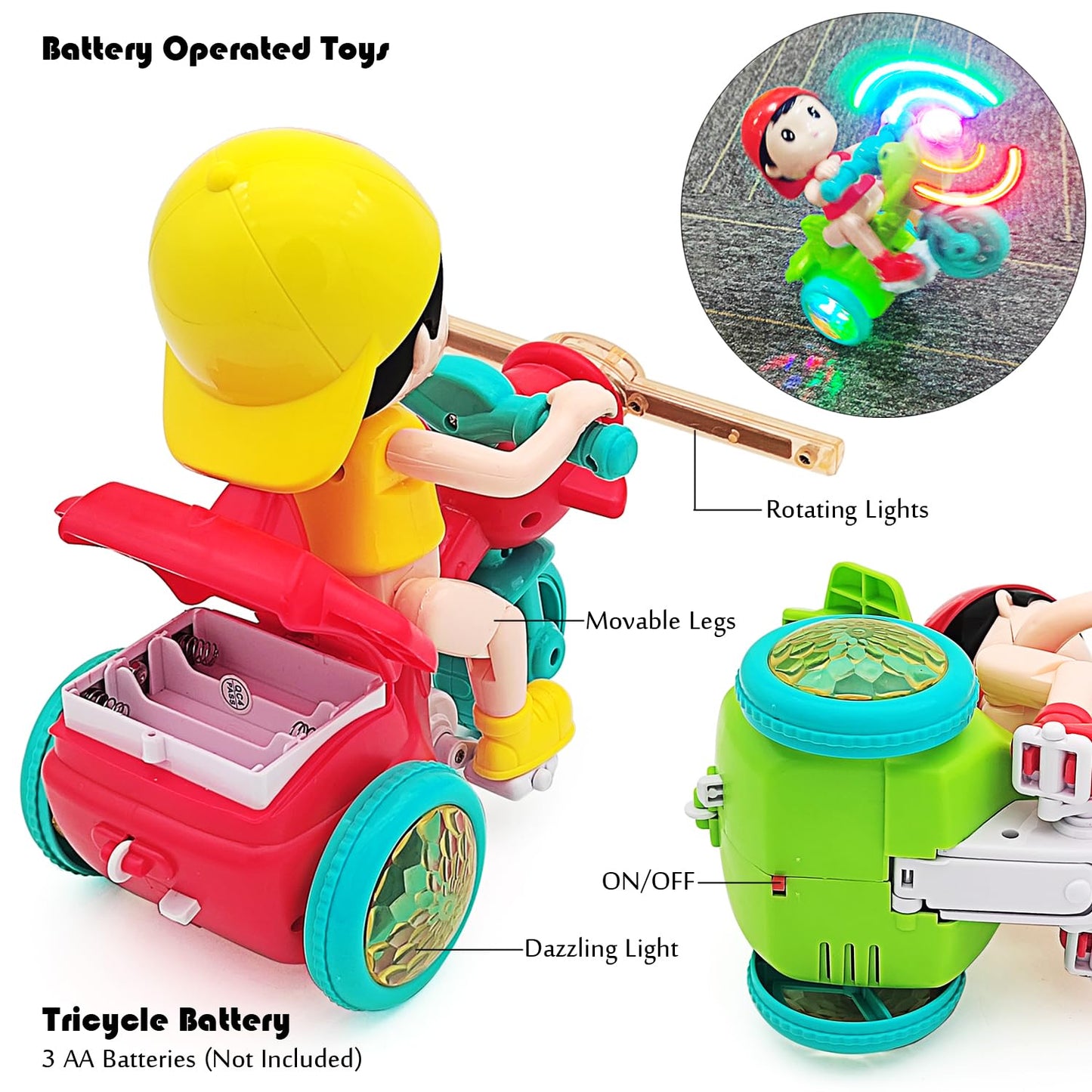 Tipmant Baby Toddler Electric Tricycle Toy Motorcycle Vehicle Stunt Performance, Music, Luminous Lights, Kids Birthday Gifts (Ye