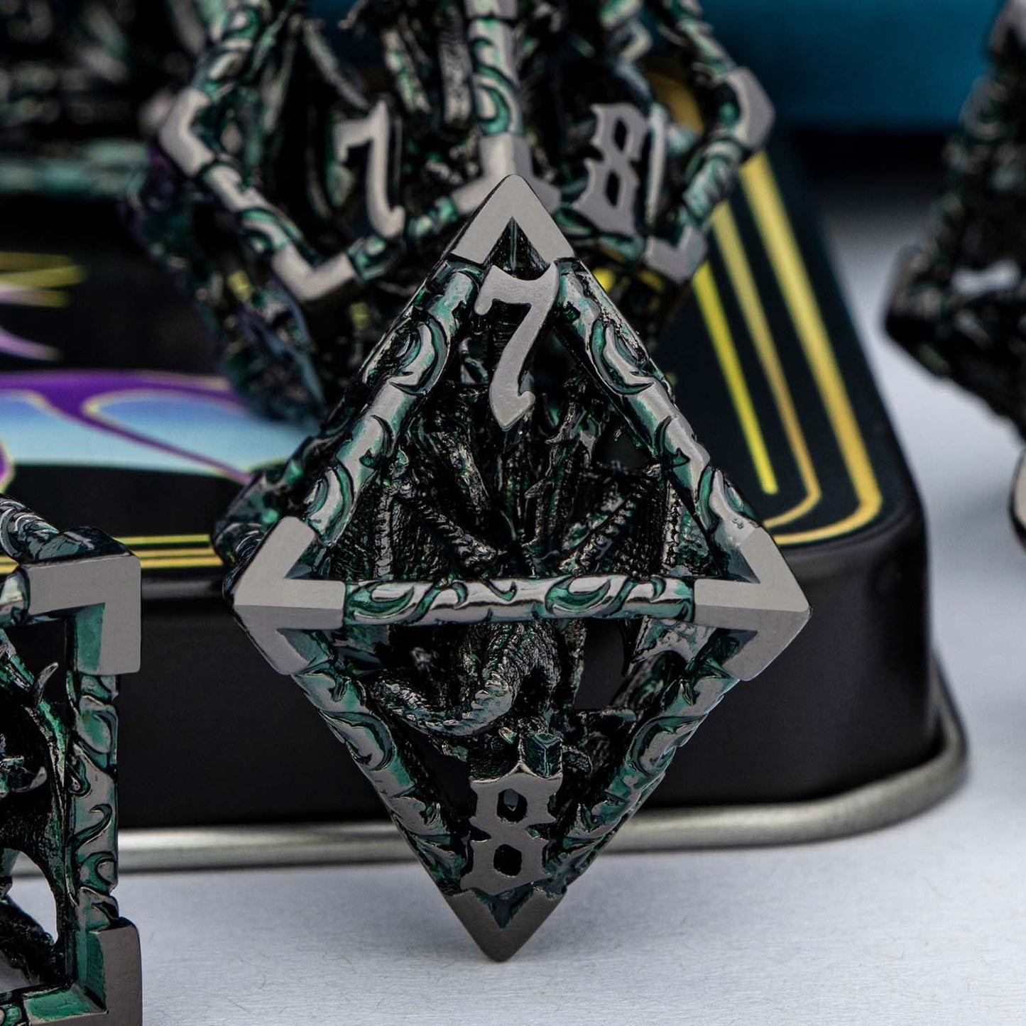 ARUOHHA Hollow DND Dice Set Black Green 5-Headed Dragon D and D Dice with Gift Box, Dungeons and Dragons Role Playing Games 7PCS