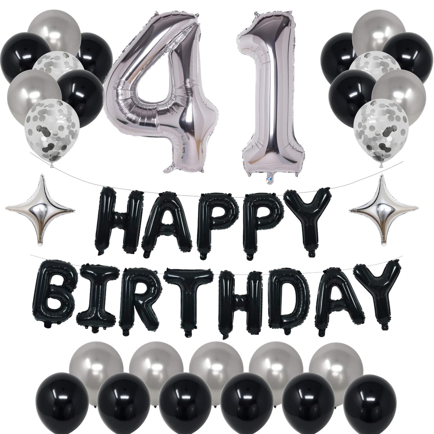 Naninuneno 41St Black Silver Birthday Party Decorations For Men Women, Happy 41 Birthday Party Supplies With Black Happy Birthda