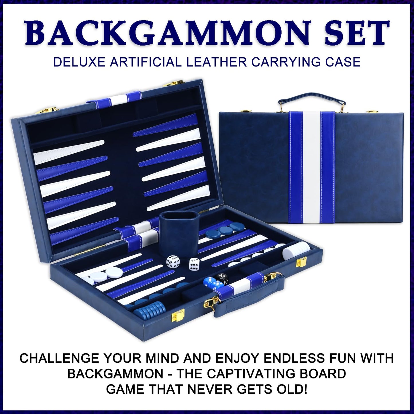 Backgn Sets for mature-themeds  15 inch Backgn Brown Sets Classic Board Game with enhanced Leather Case  Portable Travels Strategy Backgn Game Set for mature-themeds  Kids (Blue)
