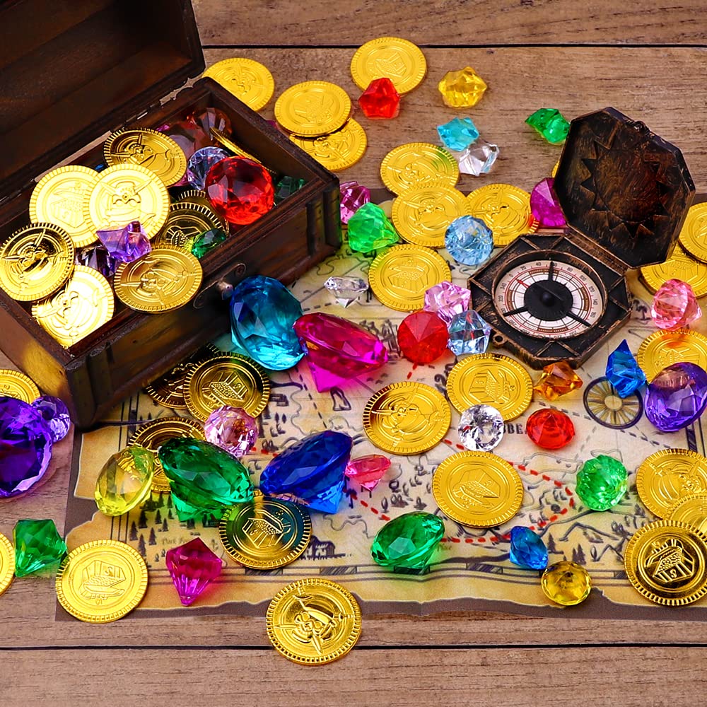 Yujun Diving Gem Pirate Toys Colorful Pool Acrylic Diamonds Pirate Treasure Chest Gold Coins With Underwater Swimming Throw Pirate Toy For Kids Birthday Summer Swimming Pool Party Favor