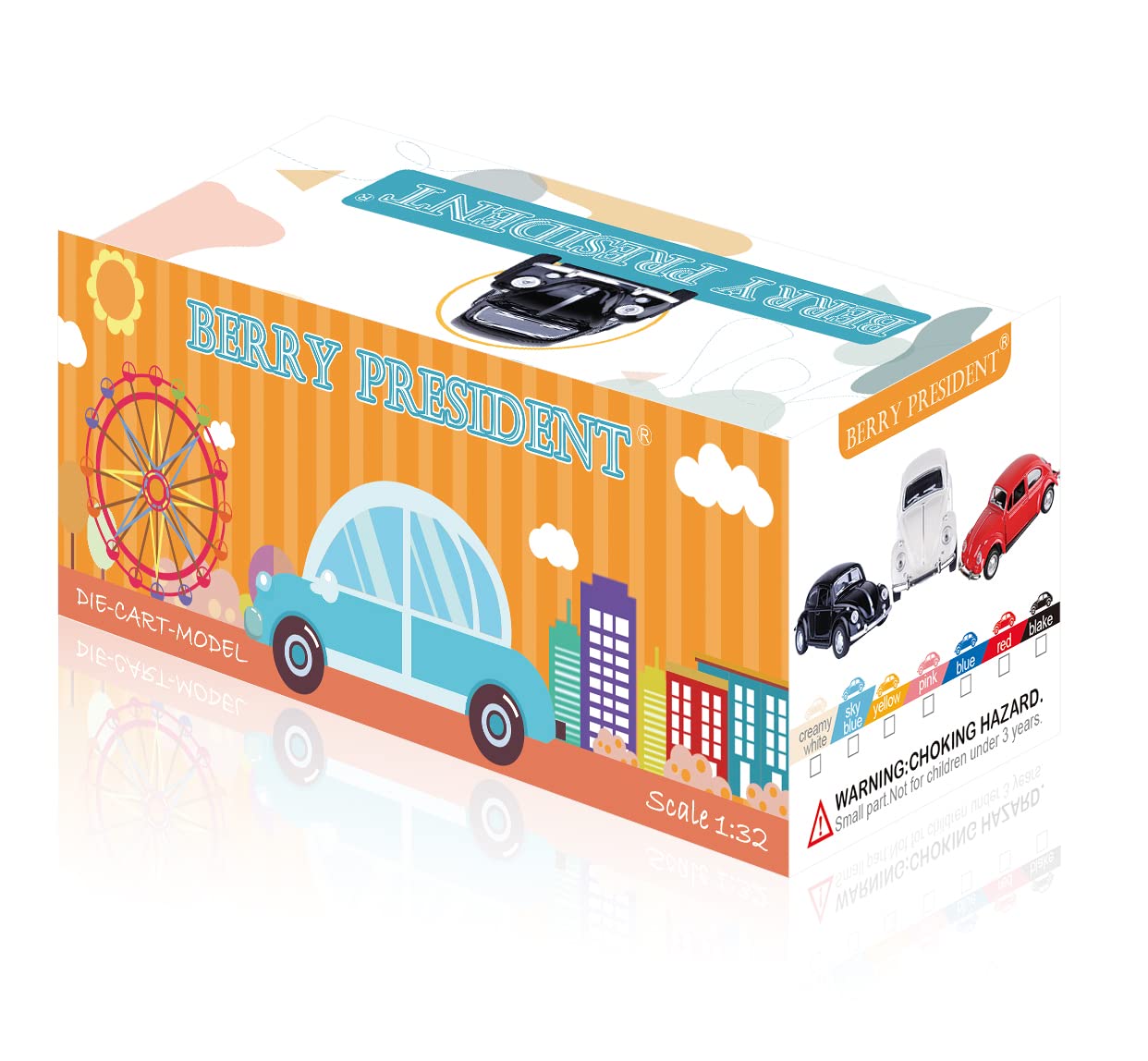 Berry President 1/32 Scale Beetle Bug Diecast Car - Red Alloy Steel Model Toy for Kids/Gifts