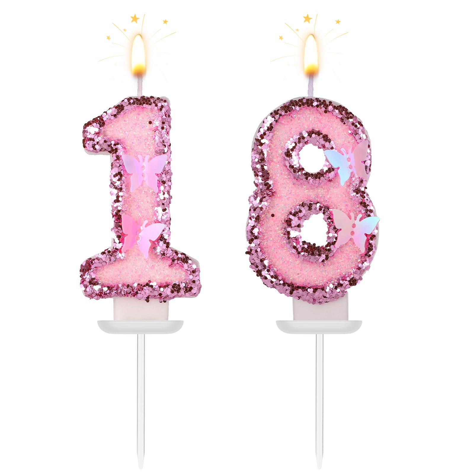 Girls Birthday Number 18 Candles, 2.95in Glitter Butterfly Happy Birthday Cake Toppers Pink Sequins Wedding Numeral Cupcake Deco