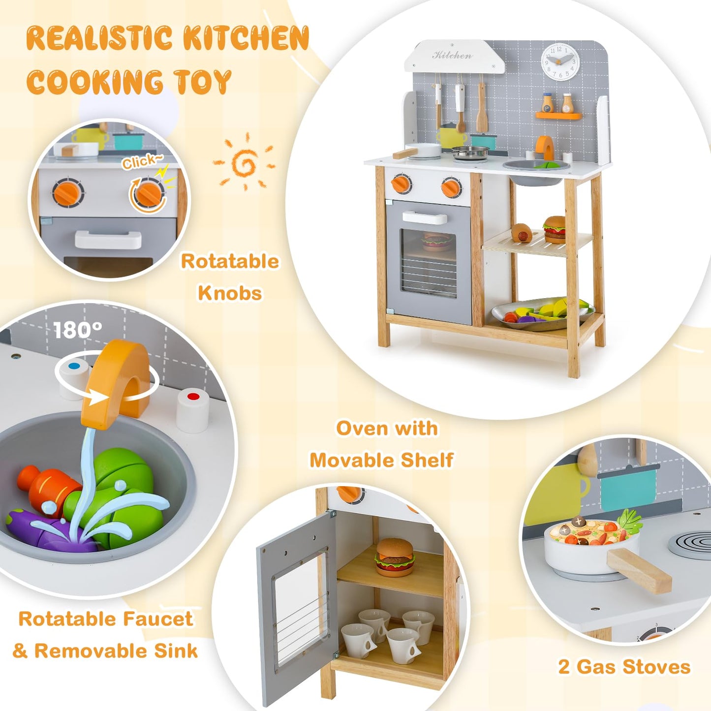 HONEY JOY Kids Kitchen Playset, Toddler Wooden Play Kitchen Set w/Sink, Stove & Oven, Cooking Accessories, Large Storage Cabinet