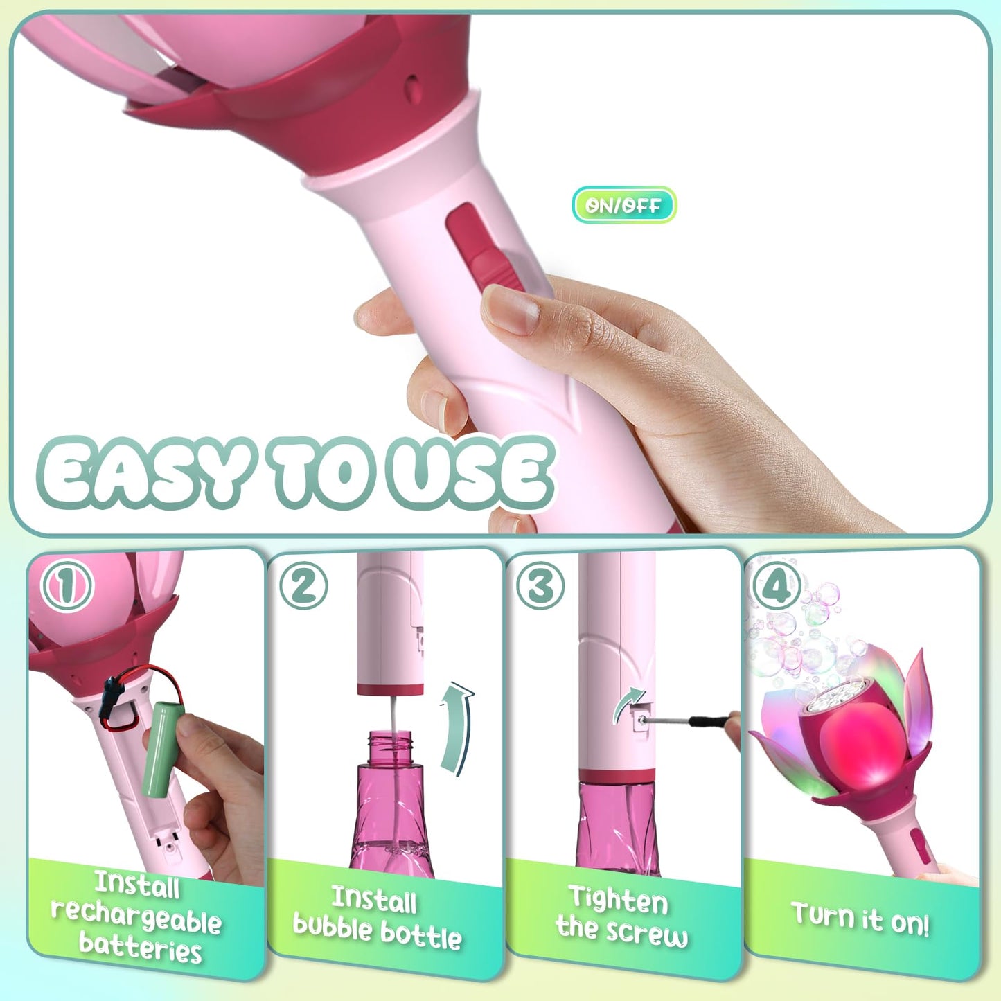 PANACARE Pink Bubble Wand Blower for Kids - Automatic Bubble Machine with 10,000+ Bubbles, Battery & Light - Perfect for Parties & Outdoor Fun