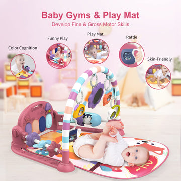 dearlomum Baby Play Mat with Piano & 5 Sensory Toys, Cotton, Pink, Model H-1624, for Newborns 0-12 Months