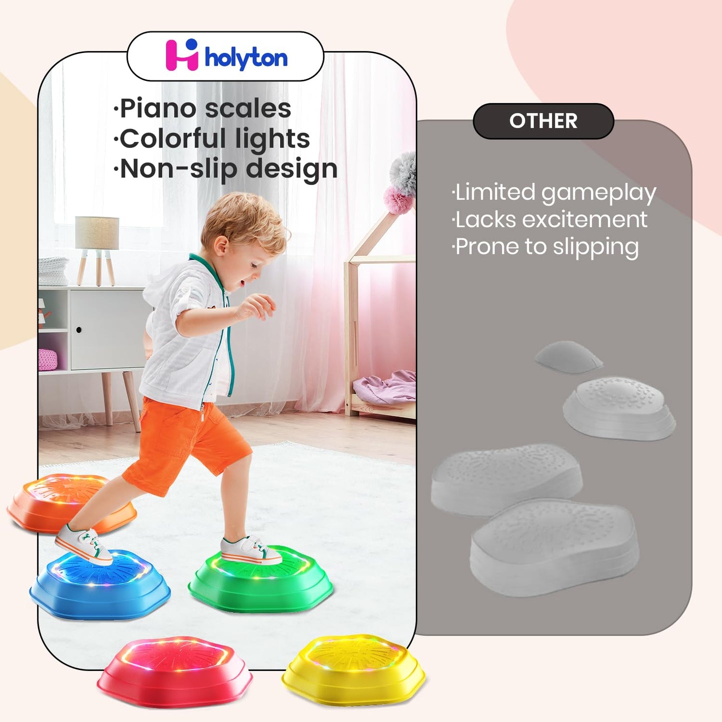 Holyton Music & Light Up Stepping Stones For Kids,5 Pcs Stepping Stone,Non-Slip,Encourage Toddler Balance,Toddler Step Stone,Sensory Stepping Stones For 3 4 5 6 Years Old,Indoor & Outdoor Play