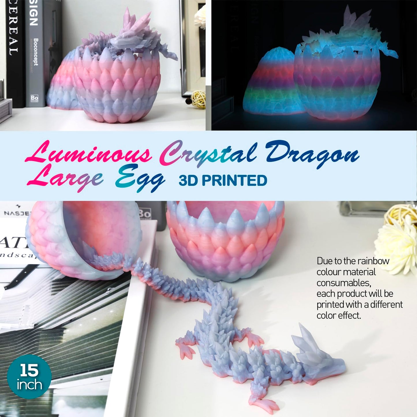 3D Printed Dragon,Dragon Eggs With Dragon Inside,Surprise Dragon Egg Toy,15'' Full Articulated Crystal 3D Dragon