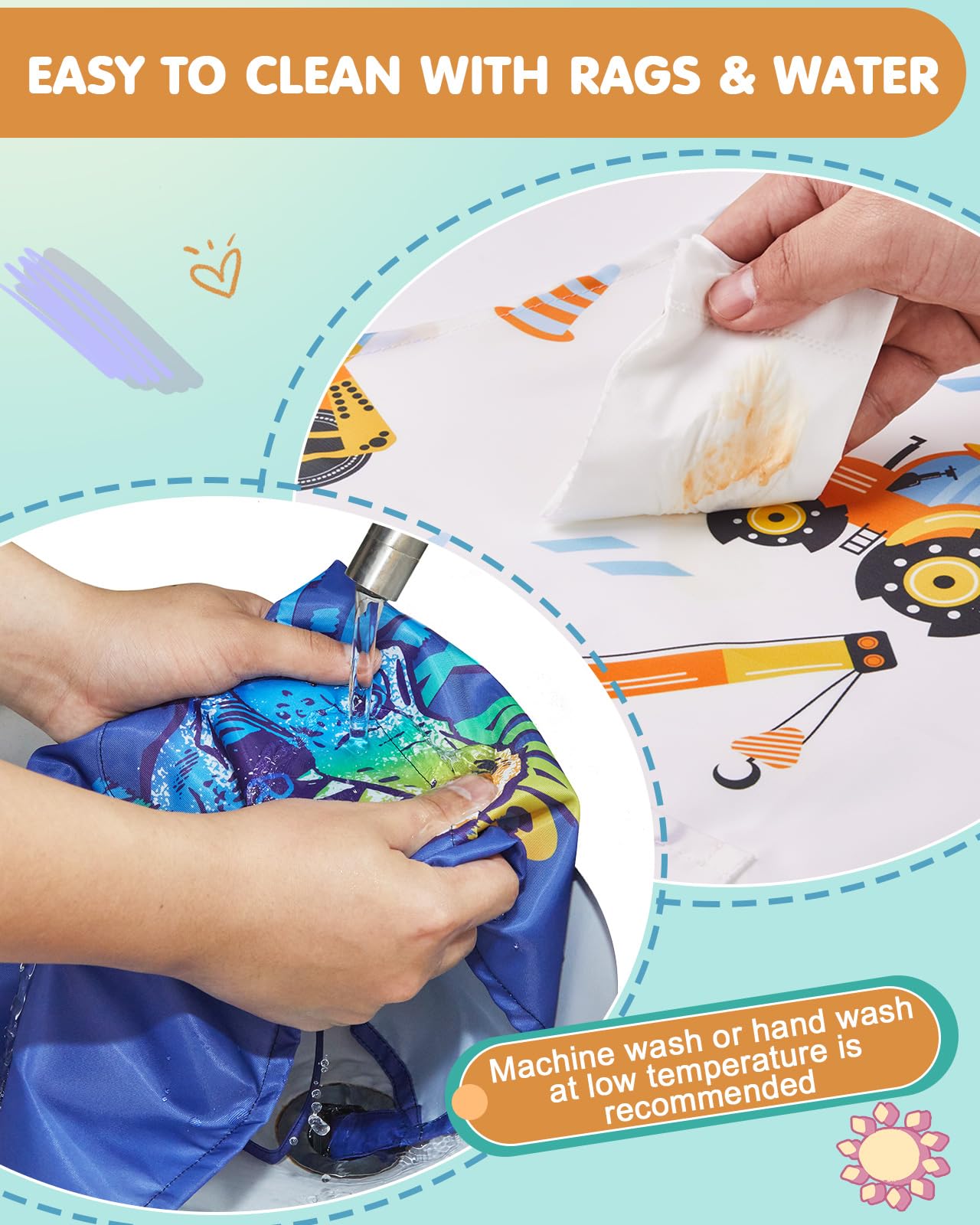 Lictin 2 Pack Kids Apron For Boys T-Rax Car Aprons For Cooking, Waterproof Art Apron With Pockets For Kids Painting Cooking Baking (4-12 Years), Dinosaur+Car