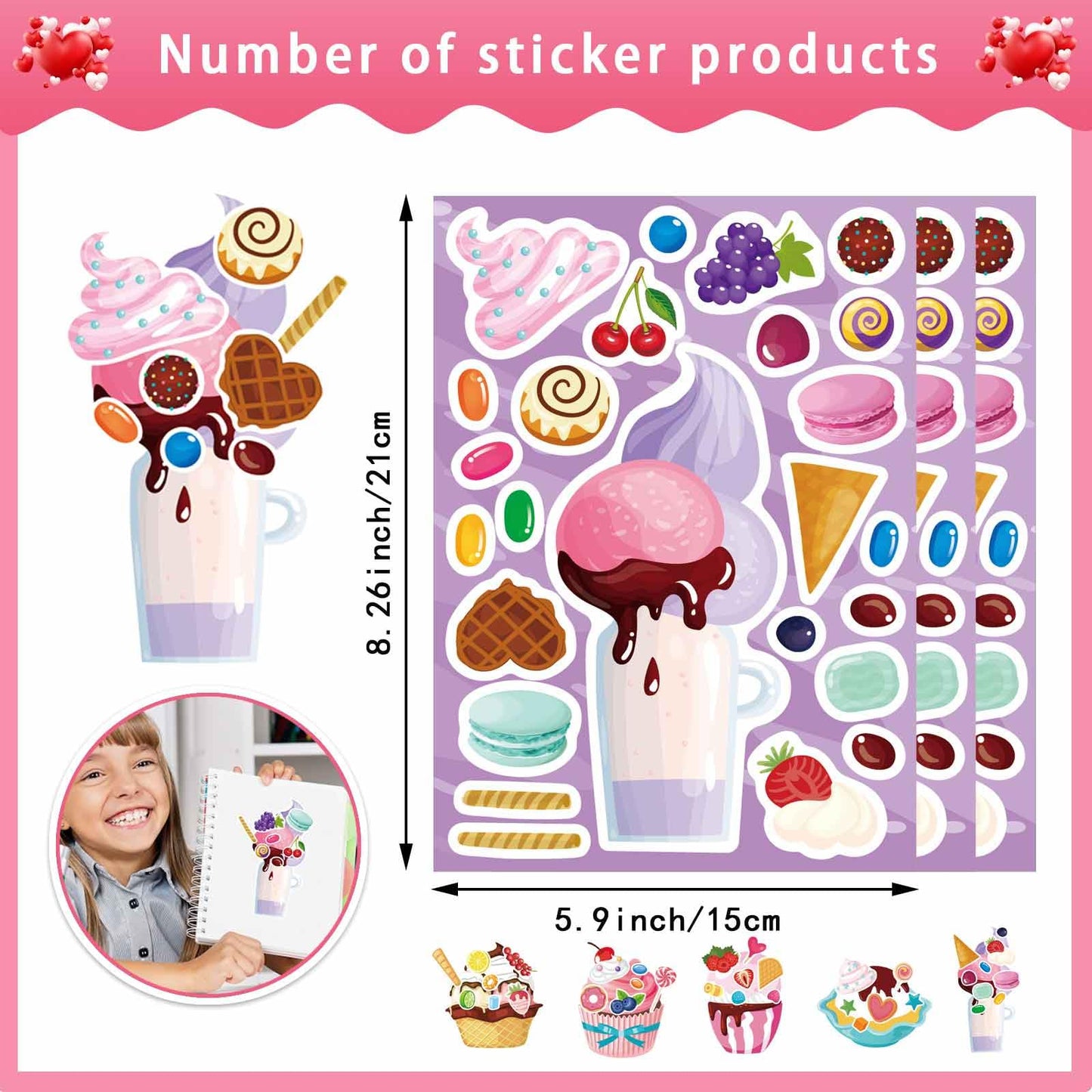 24 Sheets Make-A-Face Stickers, Make Your Own Ice Cream Mix And Match Sticker Sheets Diy Summer Ice Cream Stickers For Kids Part