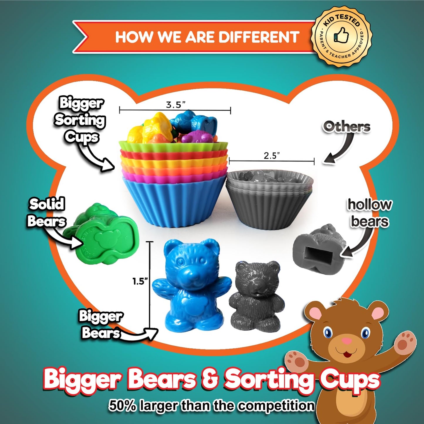 KIDS KORNER Jumbo Counting Bears Game - Montessori Learning Toy, 60 Bears, 6 Cups, 2 Dice, Red/Orange/Yellow/Green/Blue/Purple