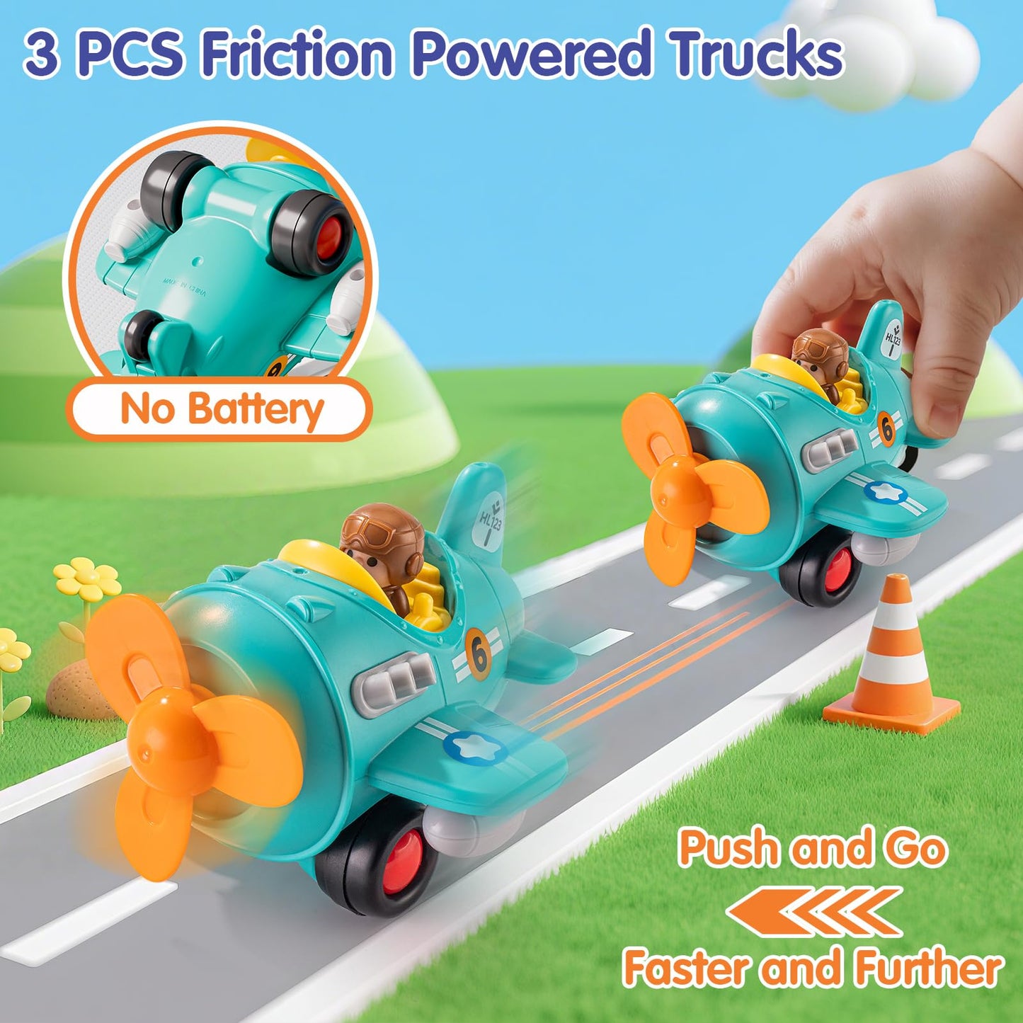 HOLA Toys for 1 2 3 Year Old Boy Birthday Gift - 3 PCS Friction-Powered Trucks & Propeller Plane Toy, Garbage Truck & Train Todd