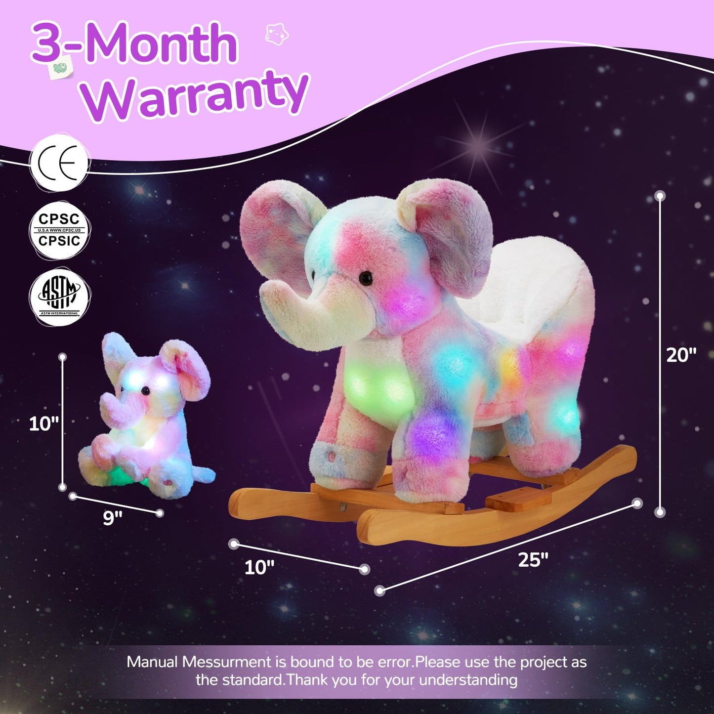 Glow Guards Light Up Musical Elephant Baby Rocking Horse Set Of 2 With Rainbow Elephant Plush Toy Baby Wooden Chair For Toddlers Girls And Babies Age 1-3 (Elephant)