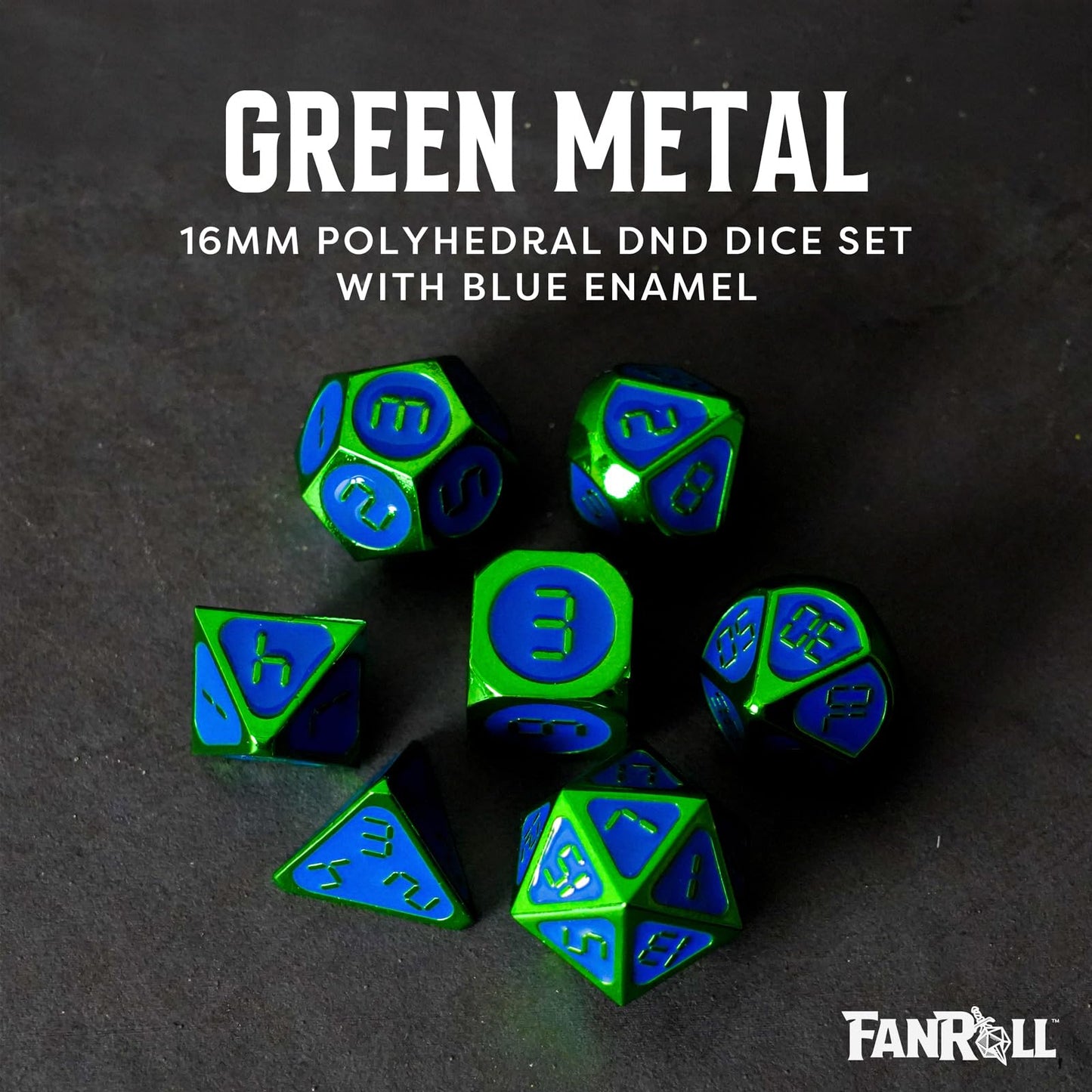 FanRoll by Metallic Dice Games 16mm Metal Polyhedral DND Dice Set: Green w/Blue Enamel, Role Playing Game Dice for Dungeons and