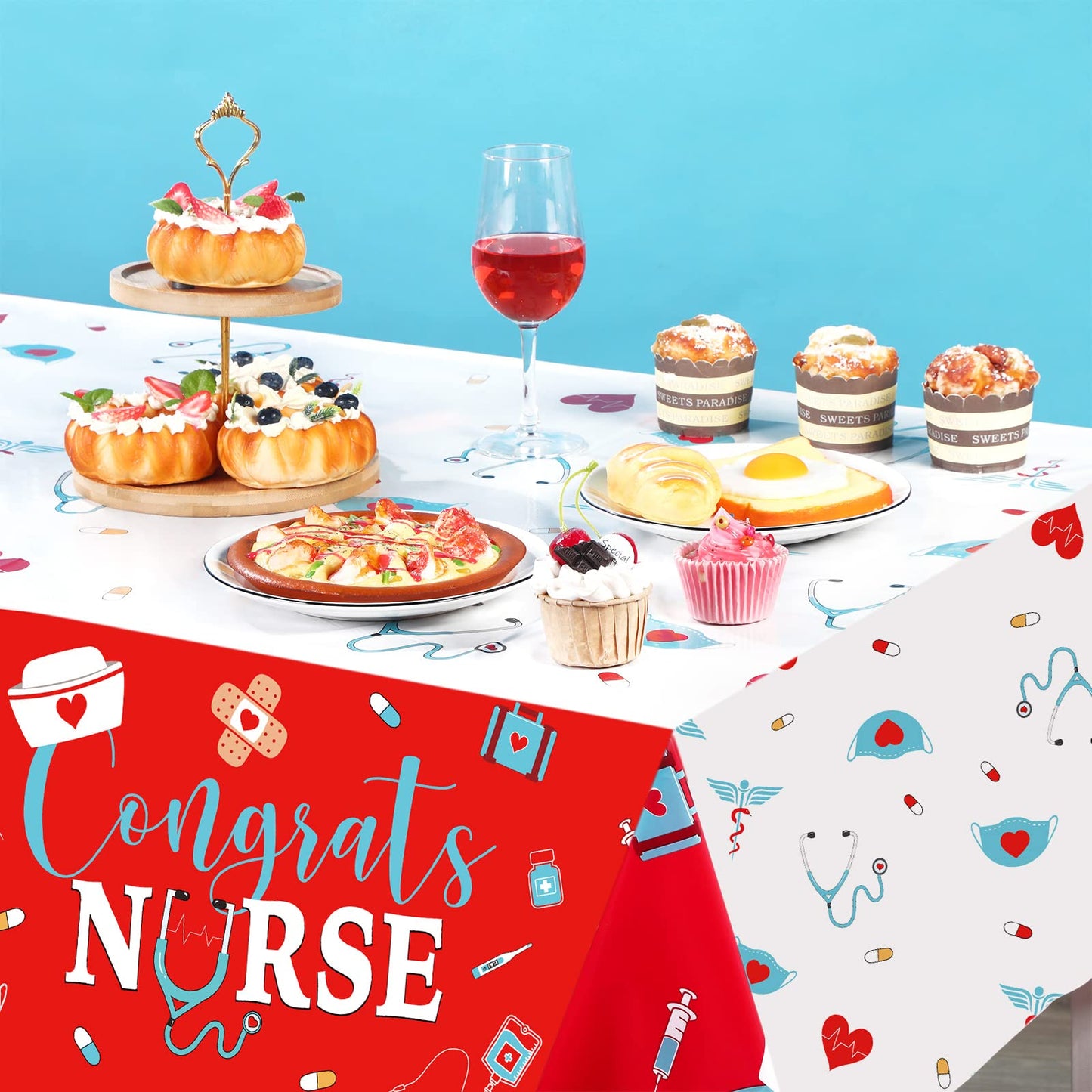 Moukeren 3 Pieces Nurse Graduation Tablecloth Plastic Congrats Table Covers Red White Nurse Grad Table Cloth for Graduation Part