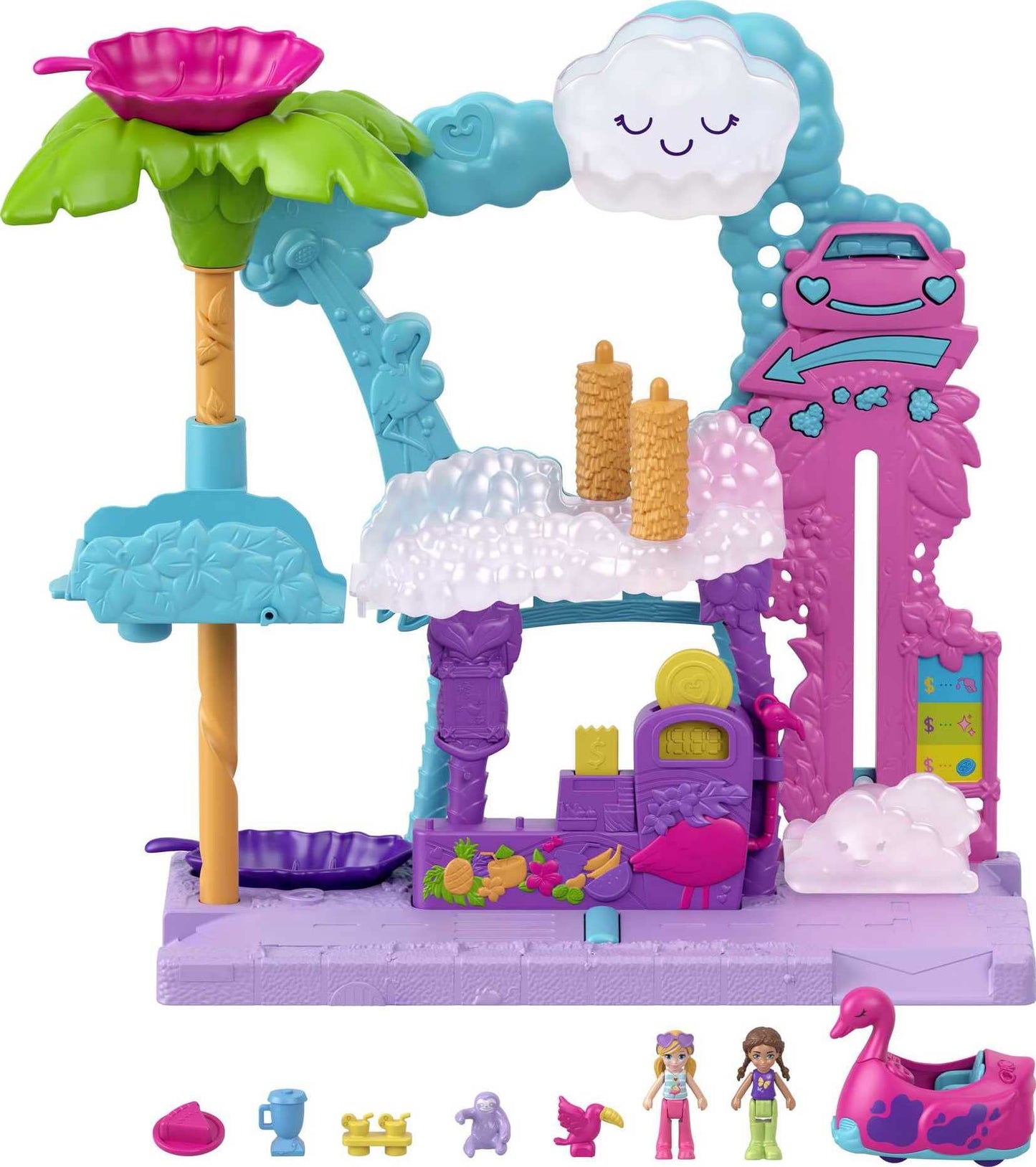 Polly Pocket Playset - Pollyville Flamingo Fun Car Wash with 2 Micro Dolls, Water Play Accessories, Multicolor, Model HHJ05