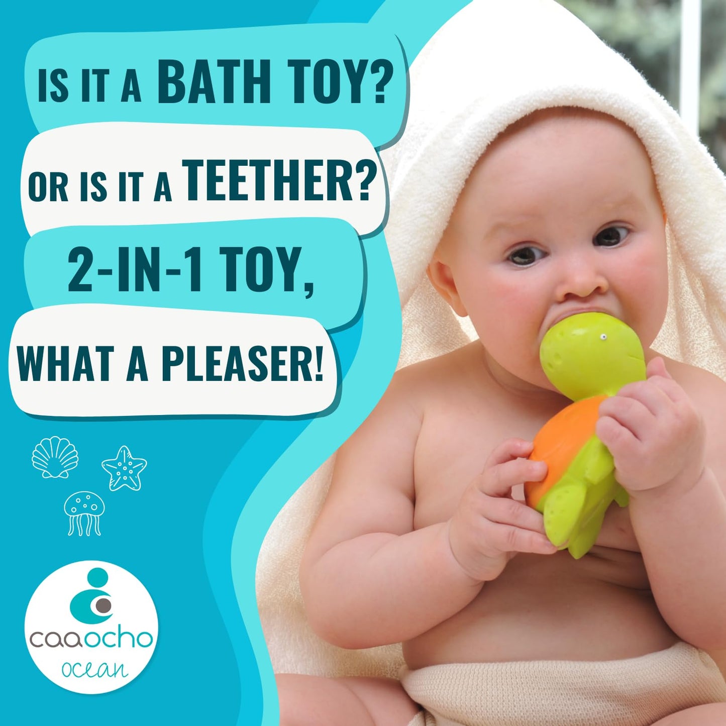 Caaocho Pure Natural Rubber Bath Toy - Mele The Sea Turtle Baby Toy - Hole Free Bath Toys, Bpa Free Bath Toys For Infants, Witho