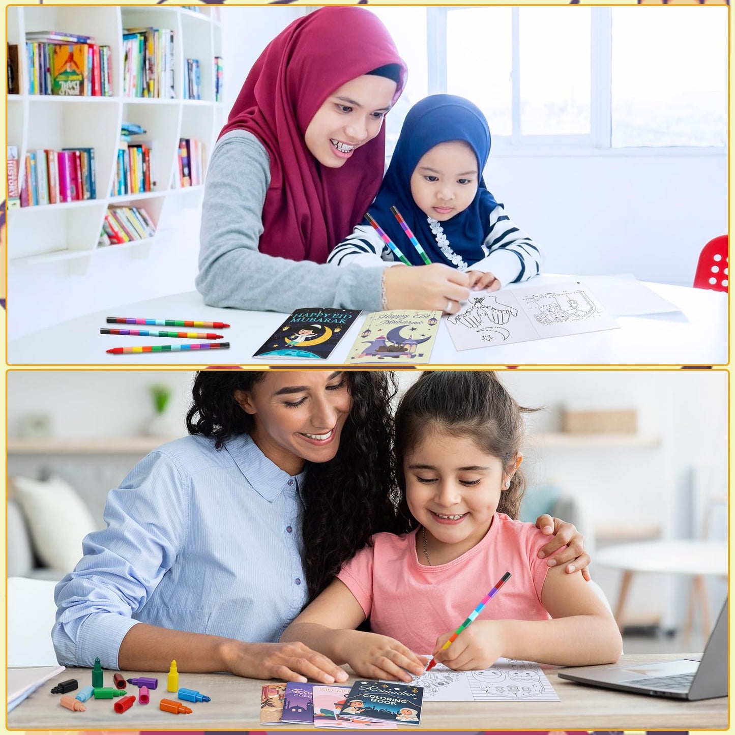 Zhanmai 48 Pcs Ramadan Coloring Book Bulk with Stacking Crayons Ramadan Moon Star Holiday Activity Book Eid Mubarak Coloring Boo