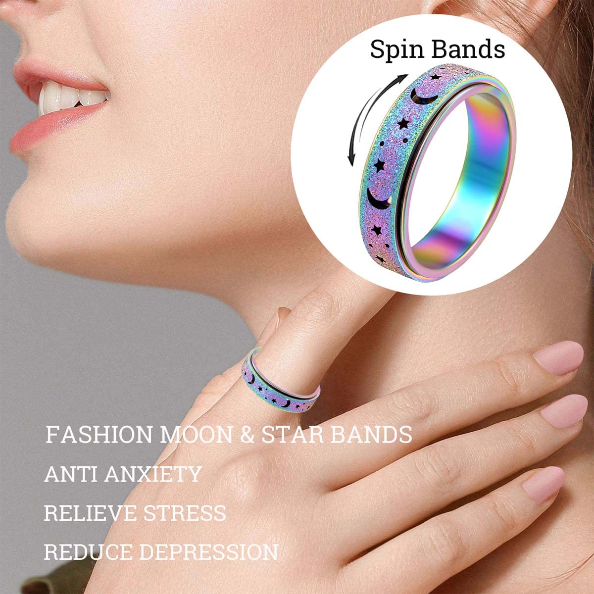 MHWTTY Anxiety Rings for Women Spinner Fidget Ring Titanium Stainless Steel Fidget Toys Adults Thumb Ring for Women Men Rainbow