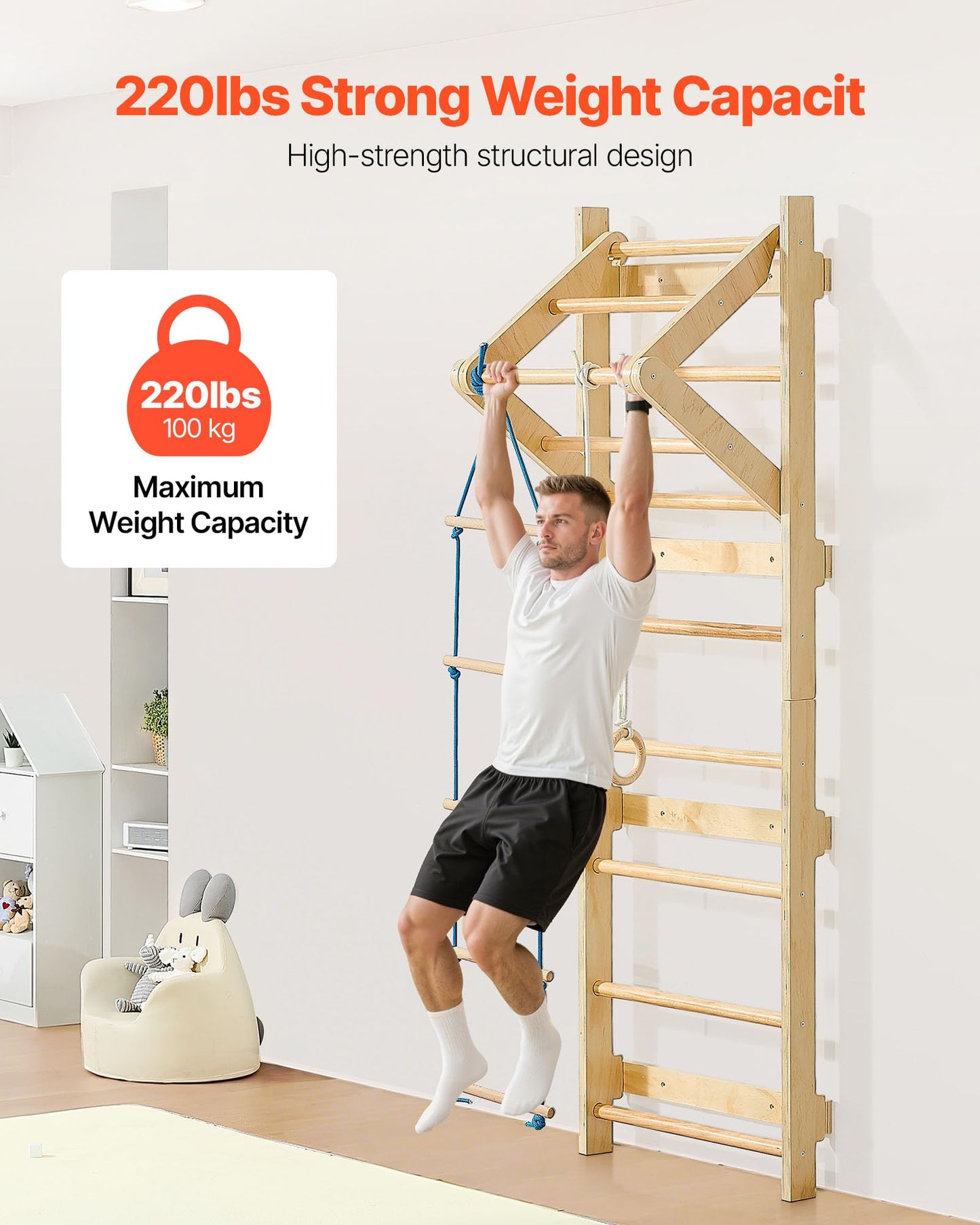 VEVOR Swedish Ladder Wall Gym, 4-in-1 8-Level Indoor Jungle Gym, 220LBS Loading Solid Wood Gymnastic Stall Bars, Indoor Playgrou