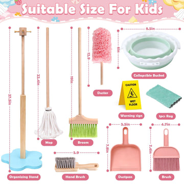 Lonico Wooden Kids Cleaning Toy Set For Toddlers Mop Broom And Dustpan Set, 12 Pcs Detachable Housekeeping Playset With Bucket D