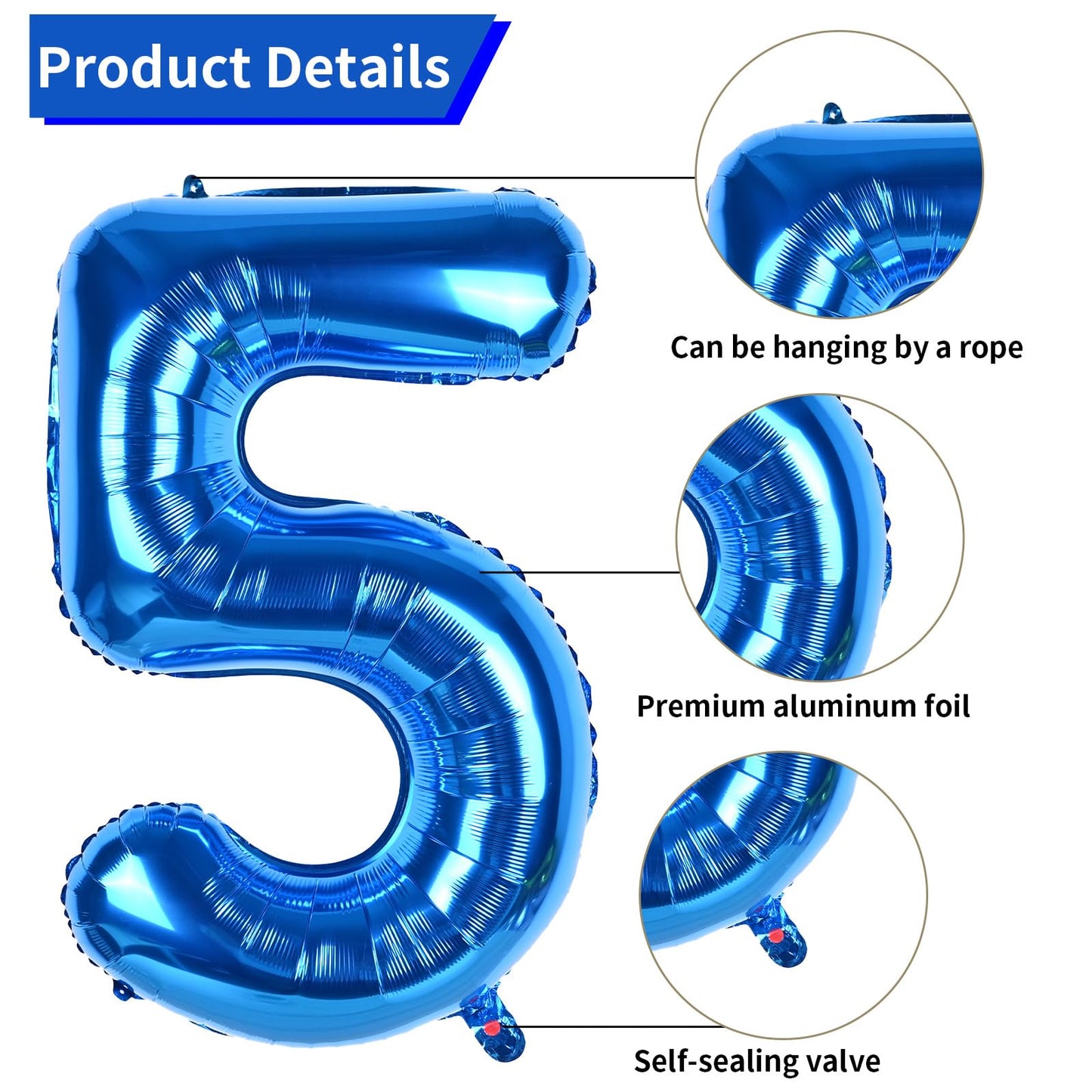 Biapian 40 Inch Blue Number 5 Balloons, Large Number 5 Balloon With 18'' Dark Blue And Silver Foil Heart Shape Balloons Helium F