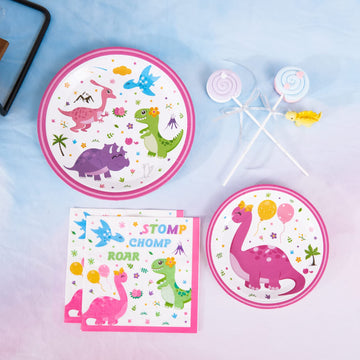 Wernnsai Disposable Dinosaur Plates And Napkins - 48Pcs Dino Party Supplies For Girls Luncheon Dinner Dessert Cake Plates Baby Shower Birthday Party Tableware Kit Serves 16 Guests