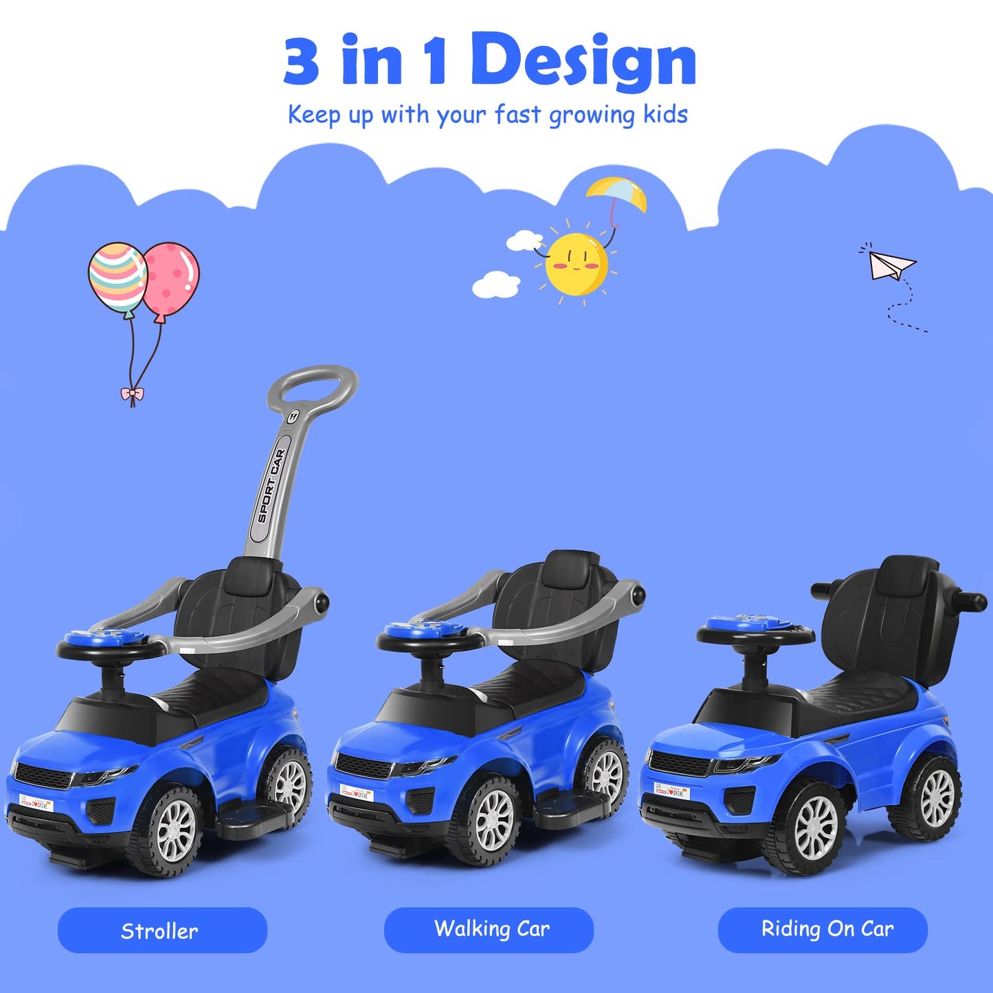 Honey Joy Ride On Push Car, Foot To Floor Ride On Sliding Car Push Handle & Detachable Guardrail, Sound & Lights, Under Seat Storage, Push Cars For Toddlers 1-3, Gift For Kids Boys Girls(Blue)