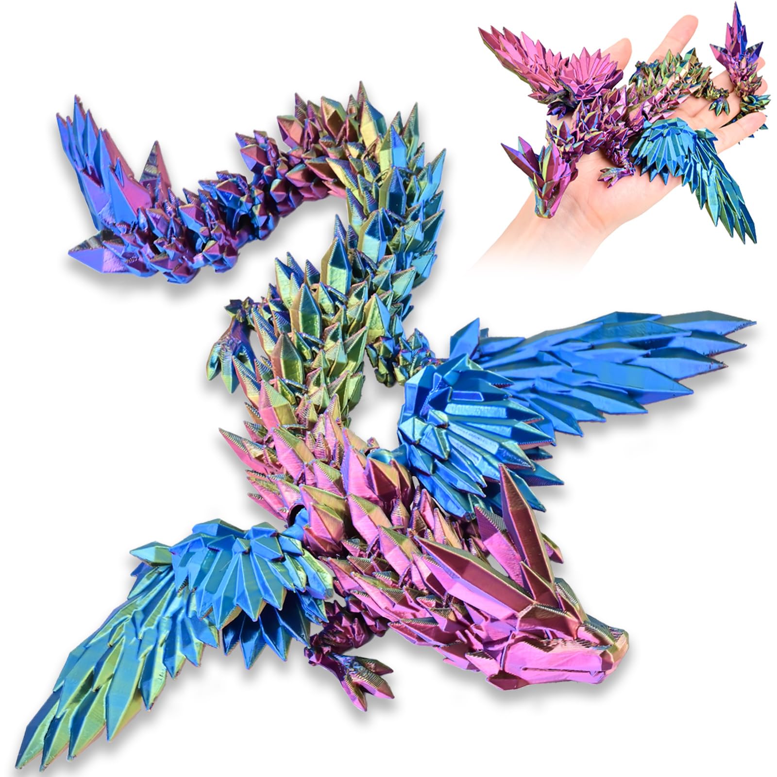 Locyfens 3D Printed Dragon With Wings Flying Dragon, Rainbow Articulated 3D Dragon Toys, 3D Printed Crystal Wing Dragon, Red Yel